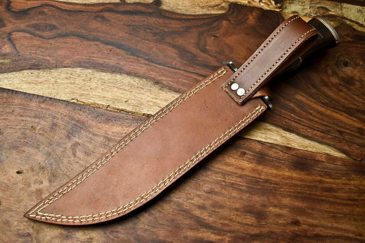 15" Handmade Damascus Steel Hunting Bowie Knife – Camel Bone Handle with Leather Sheath