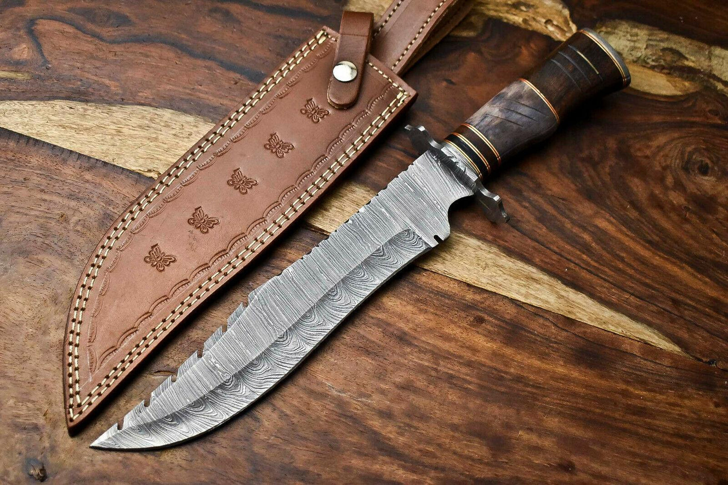 15" Handmade Damascus Steel Hunting Bowie Knife – Camel Bone Handle with Leather Sheath