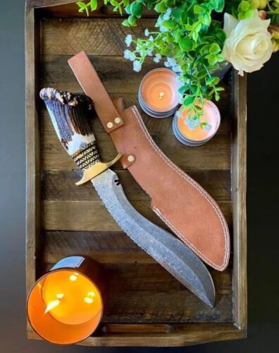 Heritage Forge Custom Handmade Damascus Steel Bowie Knife with Leather Sheath