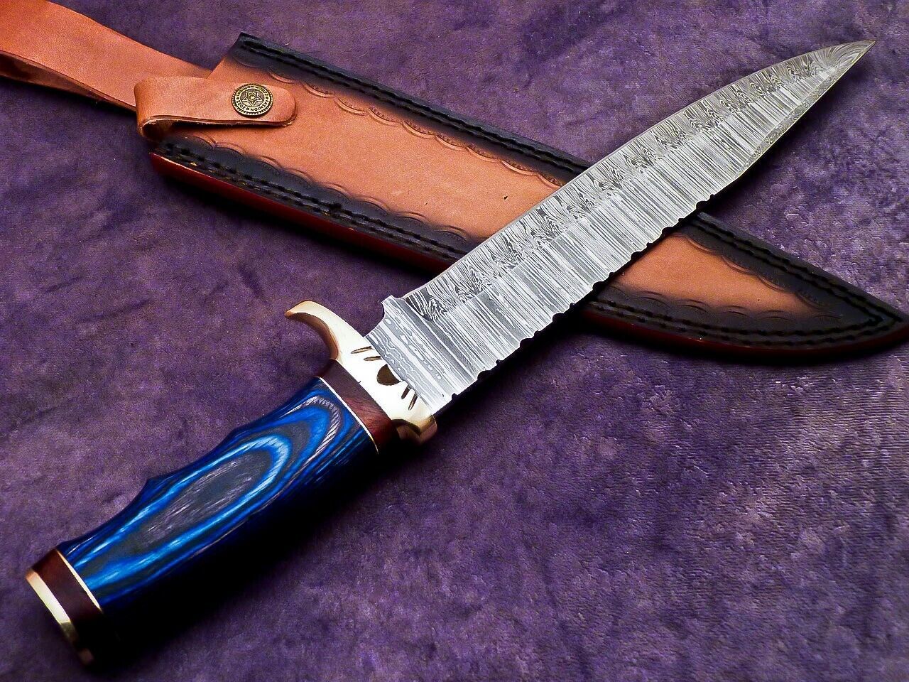 15 Inch Handmade Damascus Steel Bowie Knife with Hardwood Handle by Heritage Forge