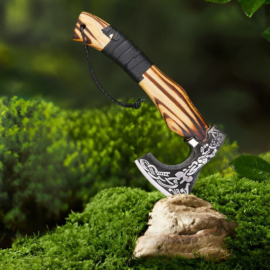 Hand Forged Ragnar Lothbrok Valhalla Viking Axe Carbon Steel Bearded Battle Hatchet with Leather Sheath