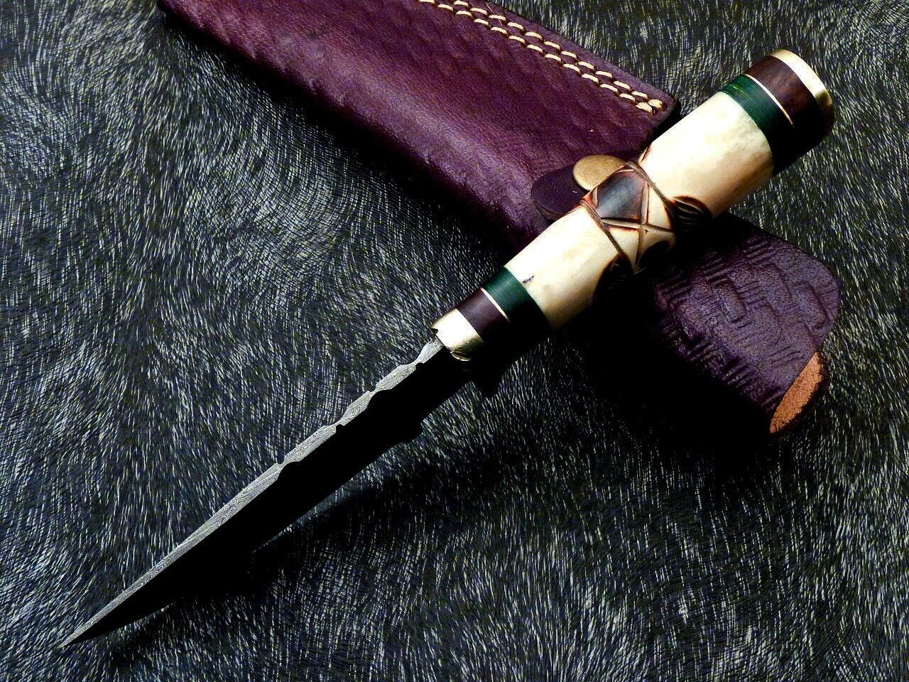 8" Handmade Damascus Steel Bowie Knife with Camel Bone & Hardwood Handle