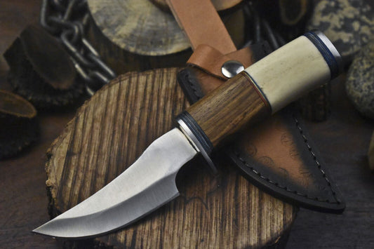 8" 440C Steel Skinner Knife with Bone and Wood Handle & Steel Guard Leather Sheath