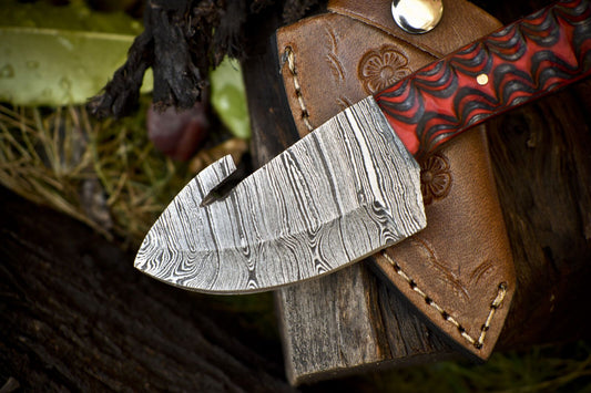 Hand Crafted Twist Damascus Skinner Knife with Gut Hook and Hard Wood Handle – Custom Handmade Fixed Blade Hunting Knife