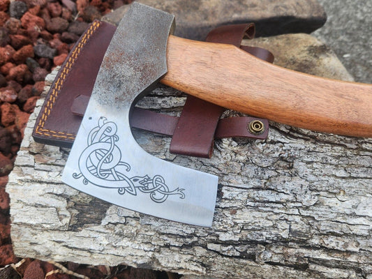 Handmade Carbon Steel Viking Axe with Wooden Handle and Leather Sheath