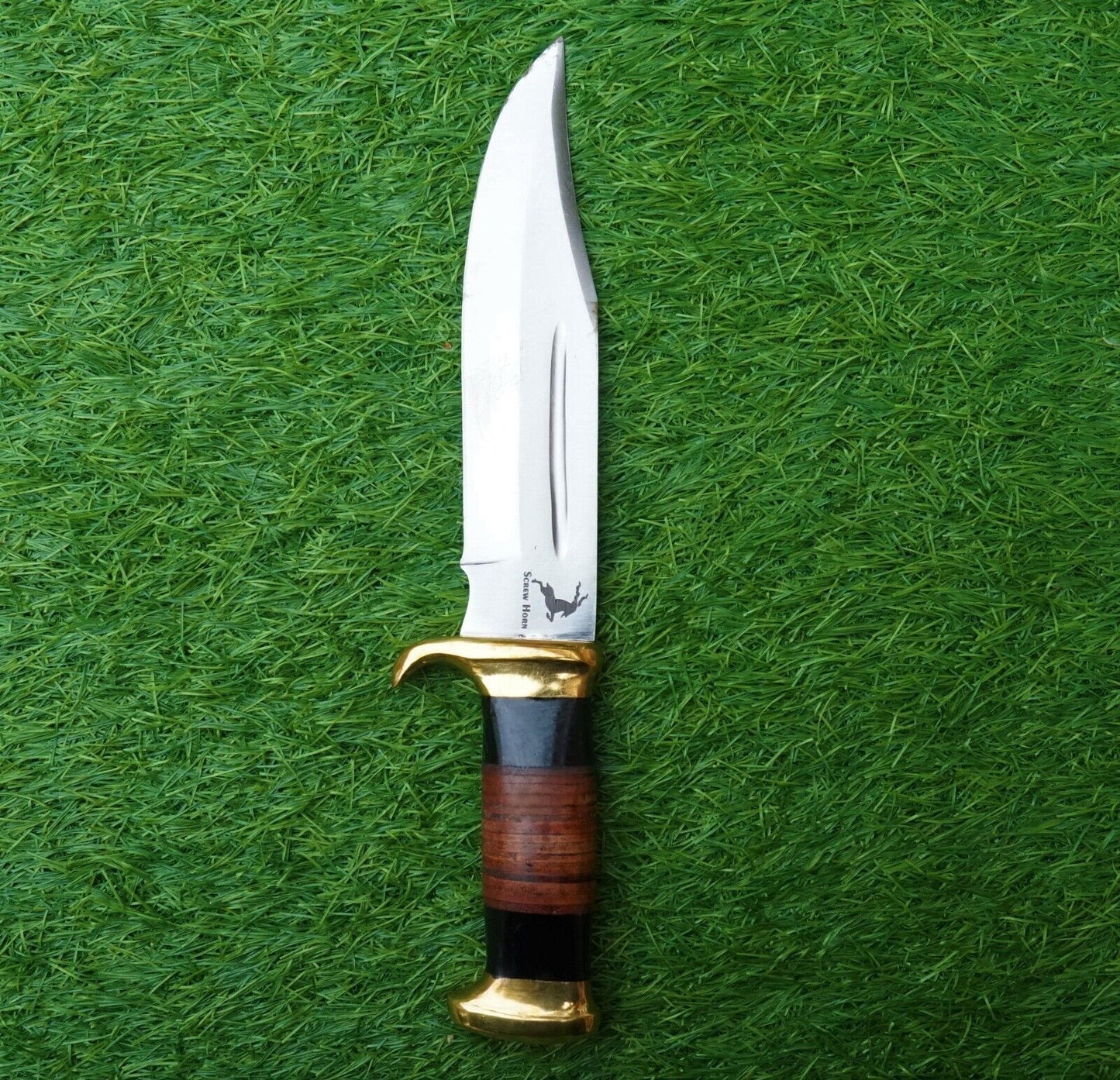 Screwhorn Handmade Damascus Bowie Knife – Full Tang Hunting & Camping Knife with Brass Handle and Sheath | Heritage Forge