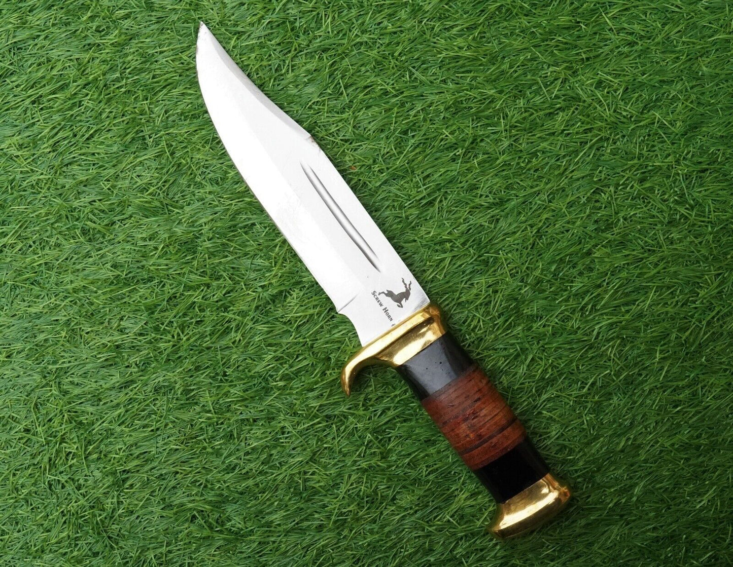 Screwhorn Handmade Damascus Bowie Knife – Full Tang Hunting & Camping Knife with Brass Handle and Sheath | Heritage Forge