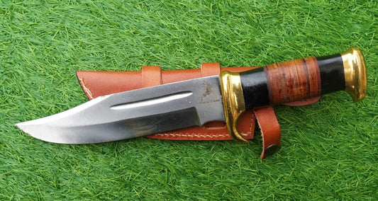 Screwhorn Handmade Damascus Bowie Knife – Full Tang Hunting & Camping Knife with Brass Handle and Sheath | Heritage Forge