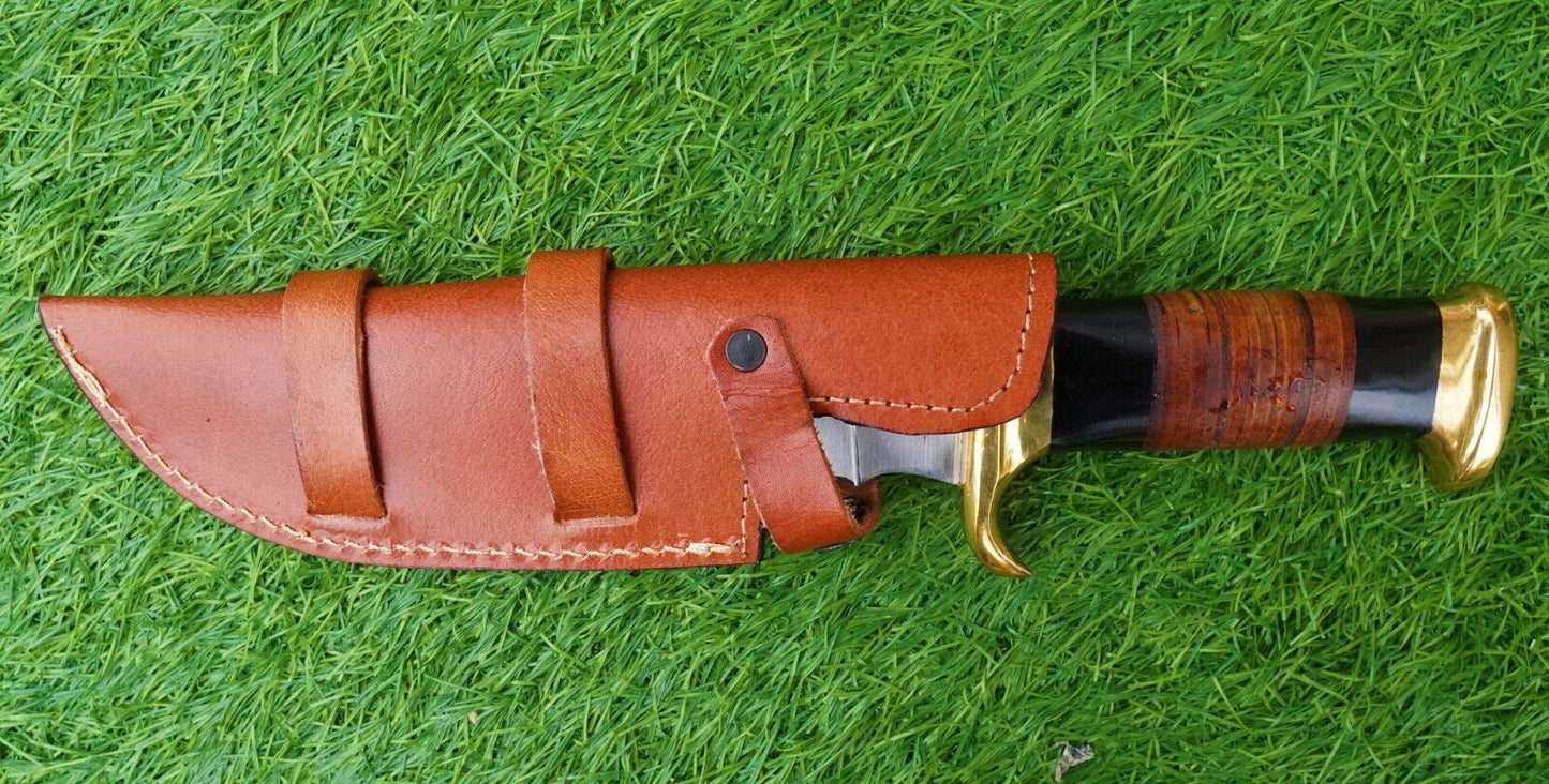Screwhorn Handmade Damascus Bowie Knife – Full Tang Hunting & Camping Knife with Brass Handle and Sheath | Heritage Forge