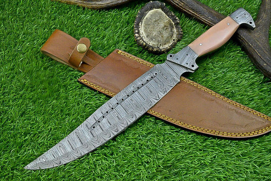 16 Inch Custom Damascus Steel Bowie Knife with Resin Handle and Damascus Bolster