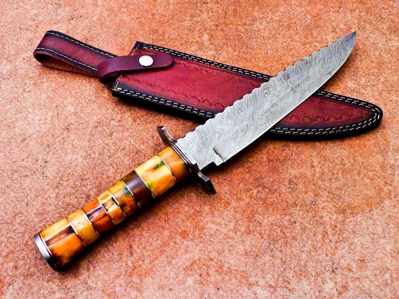 16" Handmade Damascus Steel Camping Bowie Knife – Stained Camel Bone Handle