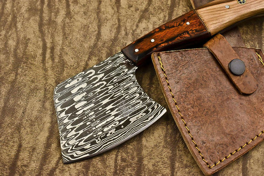 Handmade Damascus Steel Hunting Axe Knife Olive Wood Handle Clever Chopper with Leather Sheath