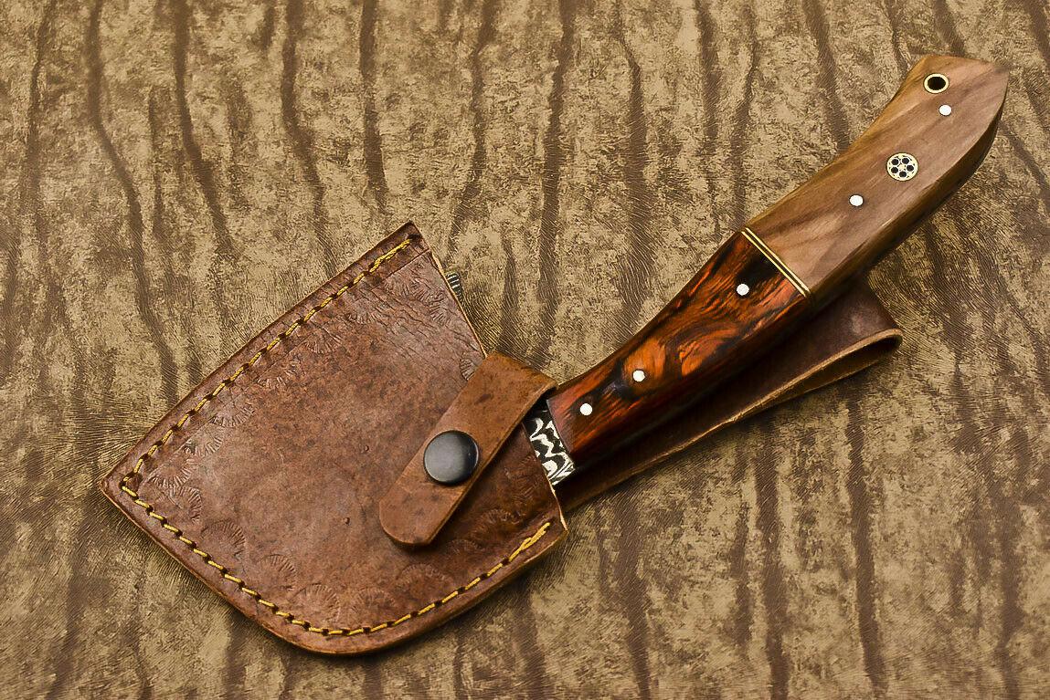 Handmade Damascus Steel Hunting Axe Knife Olive Wood Handle Clever Chopper with Leather Sheath