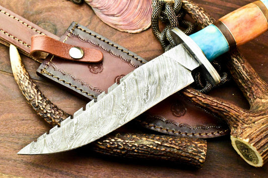 12.5" Rare Handmade Damascus Bowie Hunting Knife | Camel Bone Handle