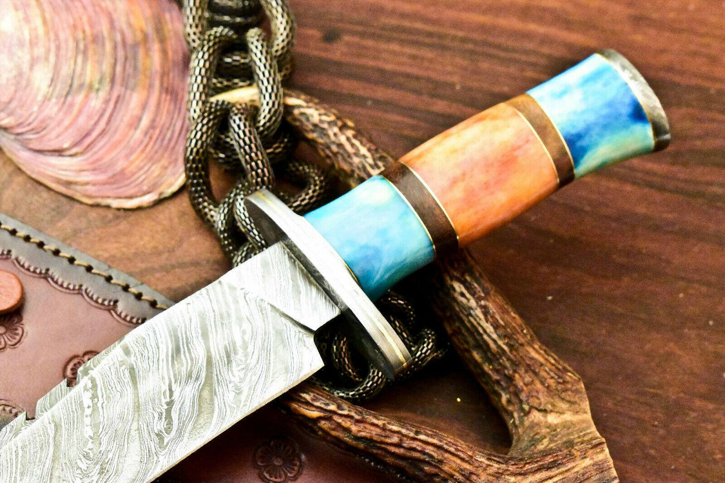 12.5" Rare Handmade Damascus Bowie Hunting Knife | Camel Bone Handle