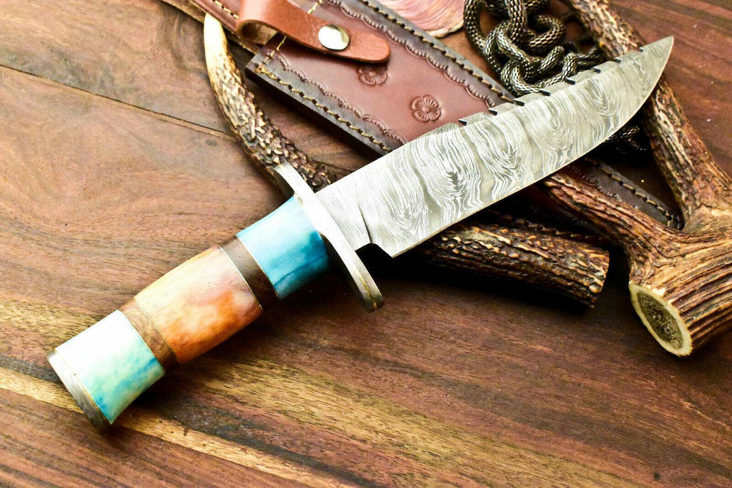 12.5" Rare Handmade Damascus Bowie Hunting Knife | Camel Bone Handle