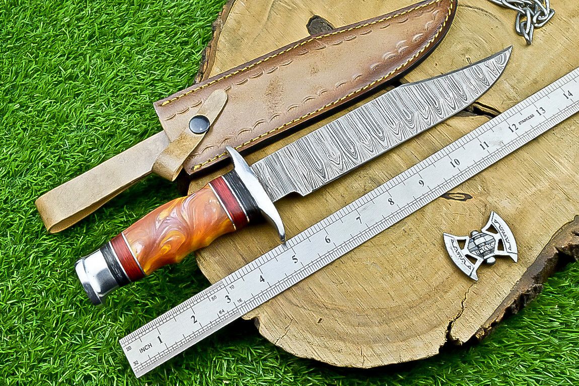 14 Inch Handmade Damascus Bowie Knife with Resin Handle for Outdoor Hunting