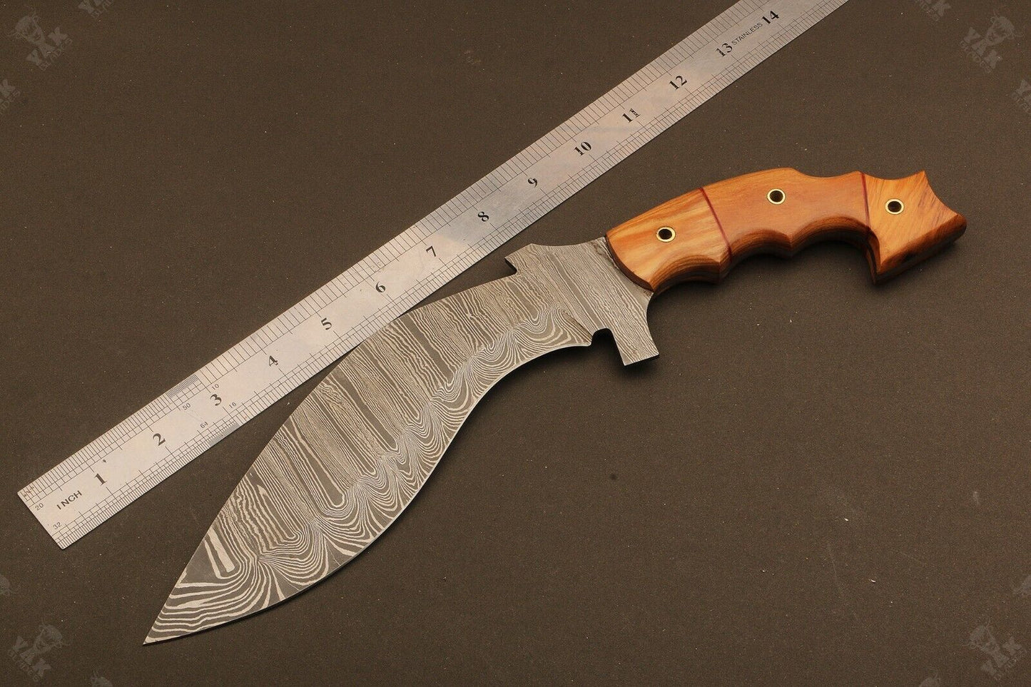 14" Handmade Ladder Damascus Steel Kukri Bowie Knife – Wood Handle with Sheath