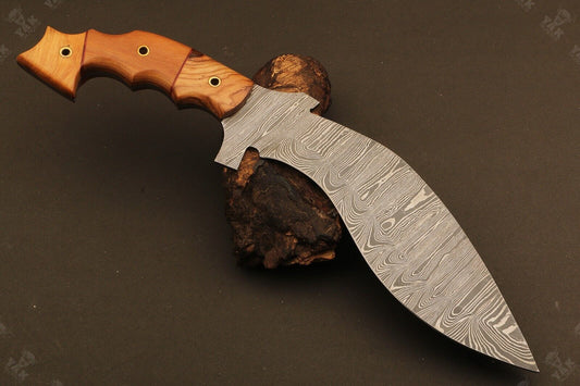 14" Handmade Ladder Damascus Steel Kukri Bowie Knife – Wood Handle with Sheath