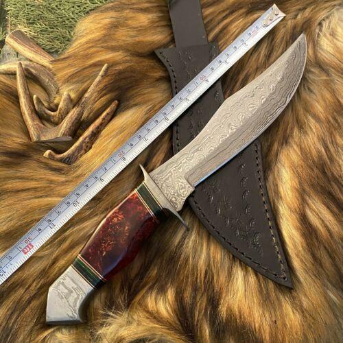 Damascus Steel Bowie Knife – 13 Inch Handmade Bushcraft & Hunting Blade with Leather Sheath