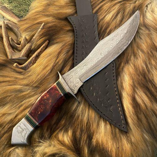 Damascus Steel Bowie Knife – 13 Inch Handmade Bushcraft & Hunting Blade with Leather Sheath