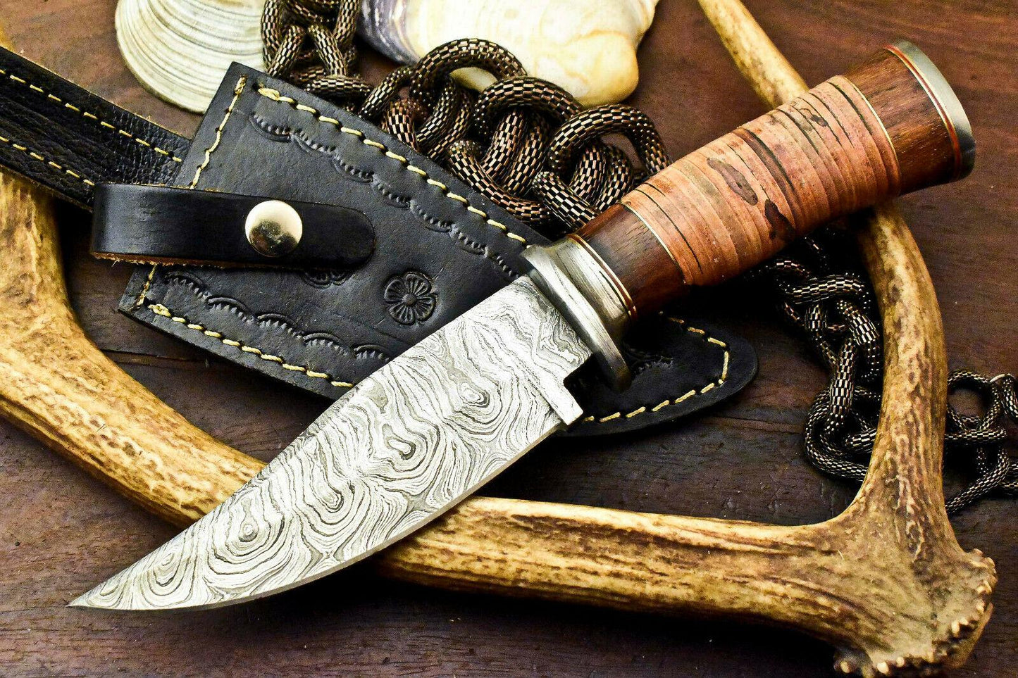 10" Damascus Hunting Bowie Knife – Stacked Leather Handle with Leather Sheath