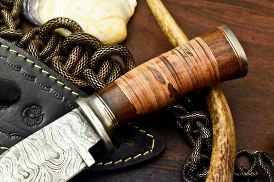 10" Damascus Hunting Bowie Knife – Stacked Leather Handle with Leather Sheath