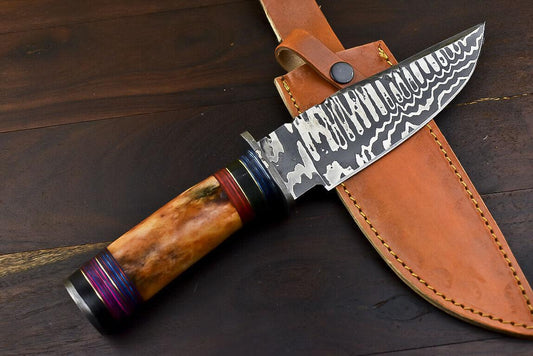 12" Damascus Bowie Knife – Camel Bone Handle with Leather Sheath