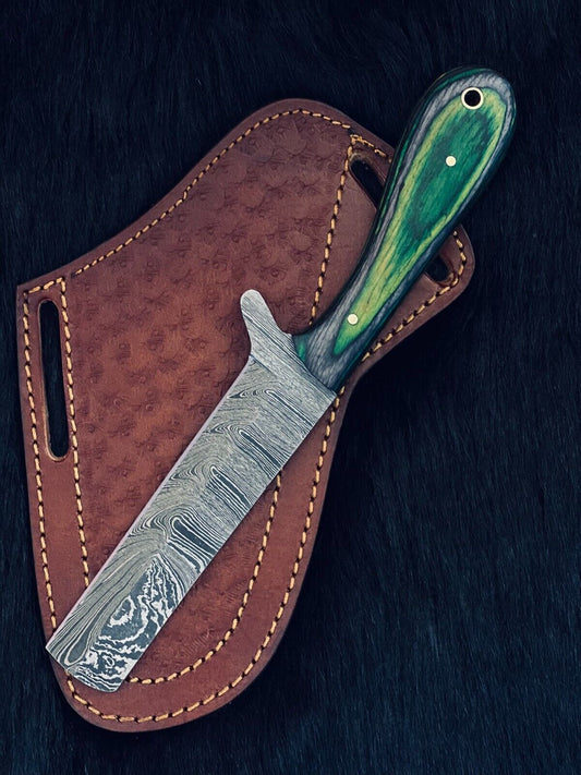 Heritage Forge 9 Inch Damascus Cowboy Skinner Hunting Knife with Camel Bone and Wood Handle