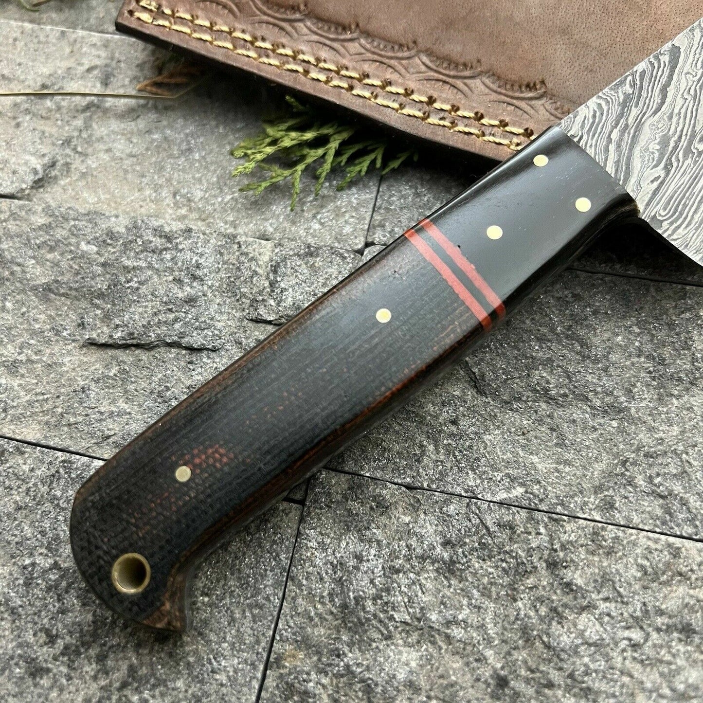 11" Handmade Damascus Steel Hunting and Kitchen Chef Knife with Leather Sheath – Hand-Forged, Sharp Blade