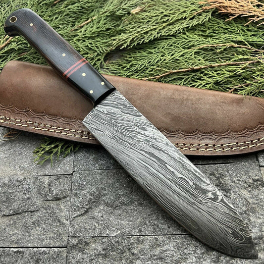 11" Handmade Damascus Steel Hunting and Kitchen Chef Knife with Leather Sheath – Hand-Forged, Sharp Blade
