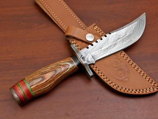 10.5" Damascus Steel Bowie Knife with Pakka Wood Handle – Handmade Full Tang Blade