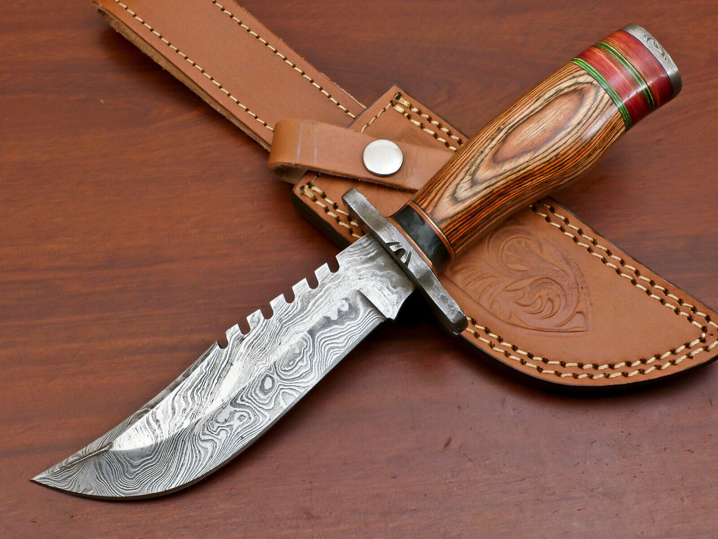 10.5" Damascus Steel Bowie Knife with Pakka Wood Handle – Handmade Full Tang Blade