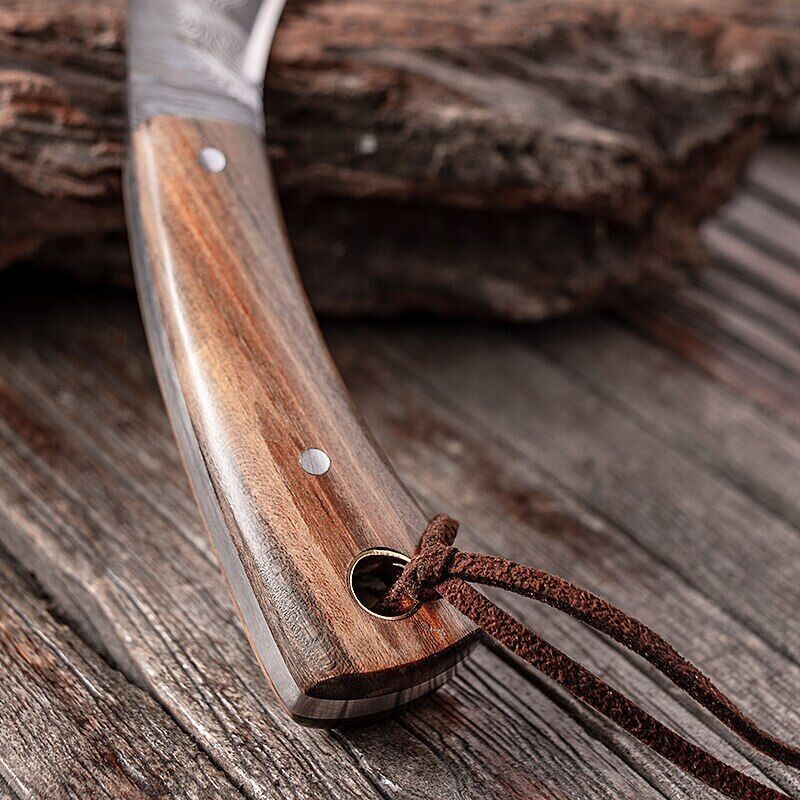 Fixed Blade Hunting Knife with Wooden Handle and Damascus Pattern Kitchen Knife with Sheath