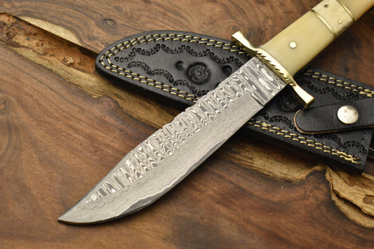 Handmade Damascus Steel Bowie Knife Camel Bone Handle Brass Guard
