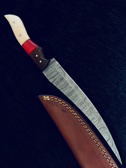 13" Handmade Damascus Fillet Knife – Camel Bone & Wood Handle, Twist Pattern Blade
