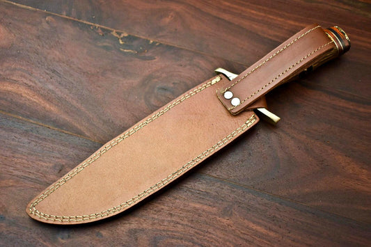 14.5" Damascus Bowie Knife with Hardwood Handle & Leather Sheath