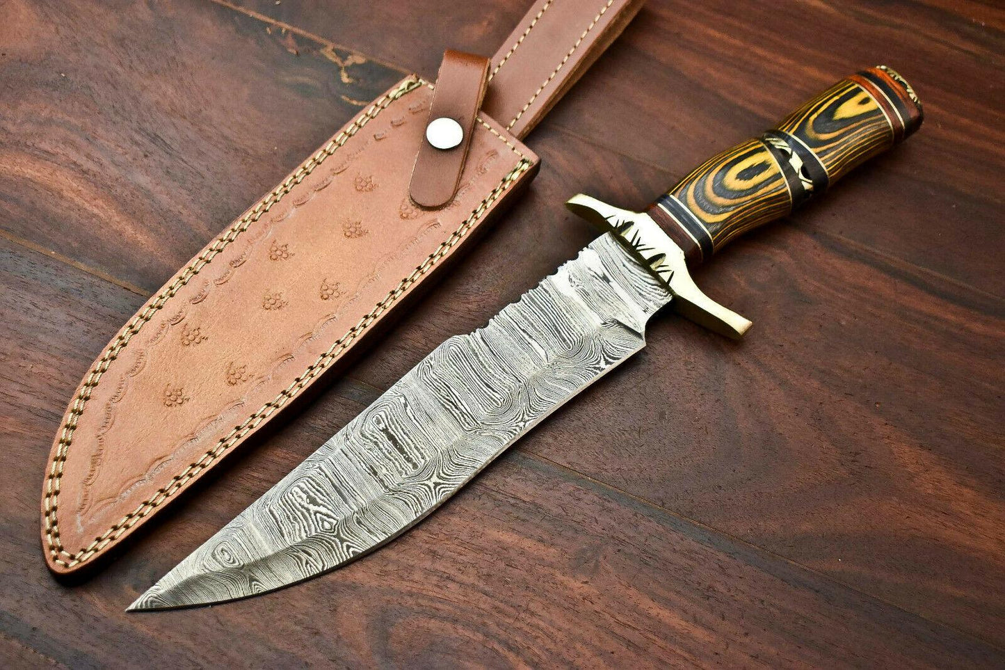 14.5" Damascus Bowie Knife with Hardwood Handle & Leather Sheath