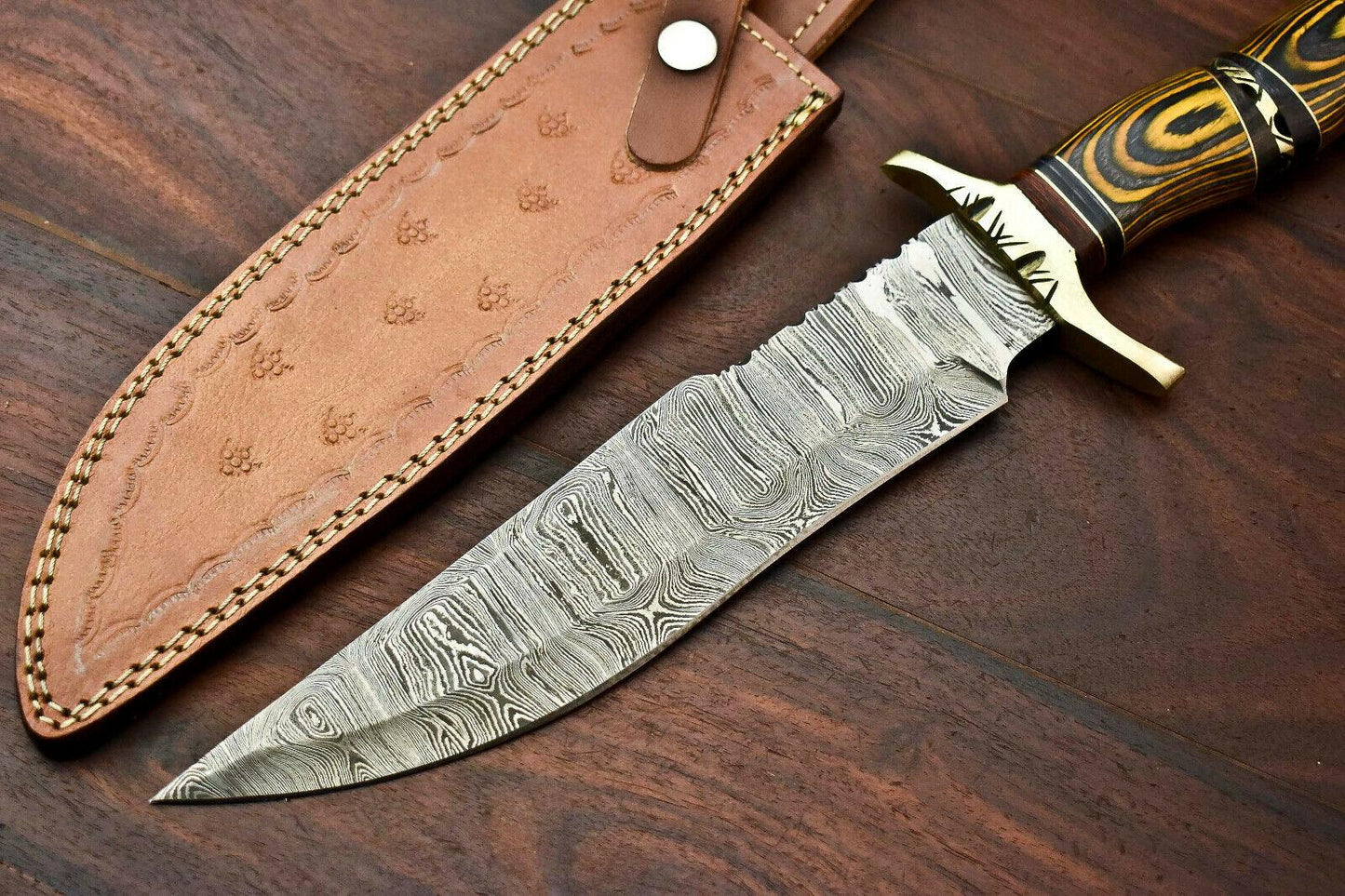14.5" Damascus Bowie Knife with Hardwood Handle & Leather Sheath