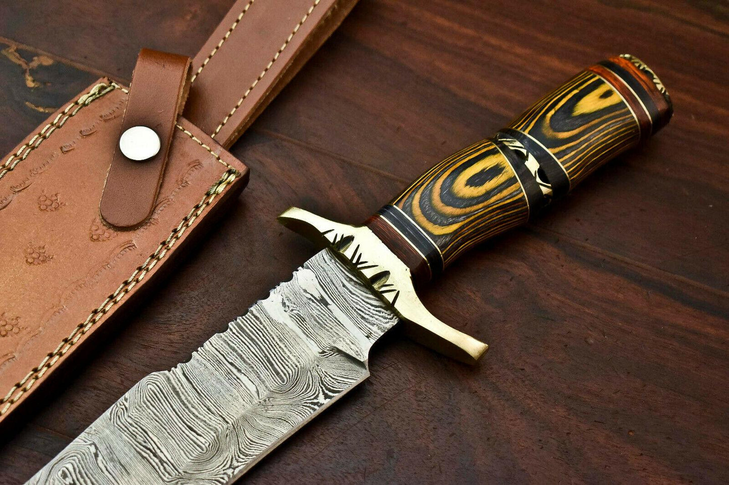 14.5" Damascus Bowie Knife with Hardwood Handle & Leather Sheath