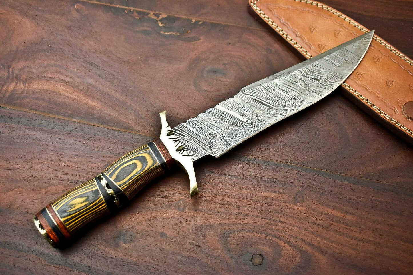 14.5" Damascus Bowie Knife with Hardwood Handle & Leather Sheath