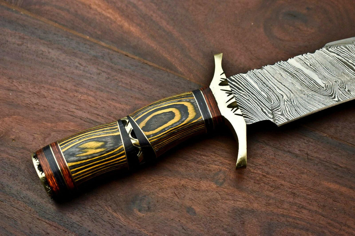 14.5" Damascus Bowie Knife with Hardwood Handle & Leather Sheath