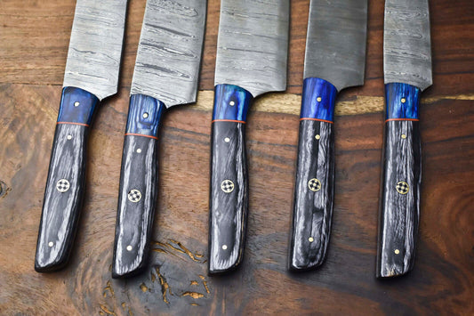 Custom Lot of 5 Handmade Hammered Damascus Steel Blade Chef Knife Set – 100% Handmade