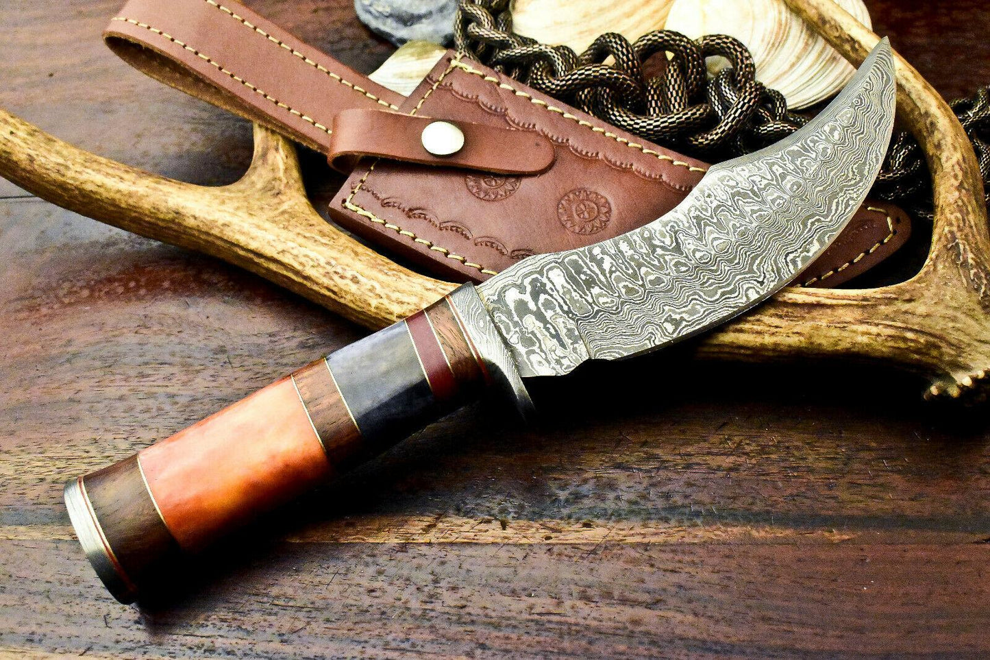 11.5" Handmade Damascus Bowie Knife – Camel Bone Handle & Leather Sheath