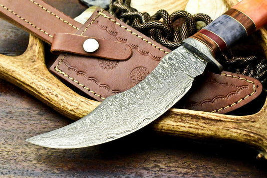 11.5" Handmade Damascus Bowie Knife – Camel Bone Handle & Leather Sheath