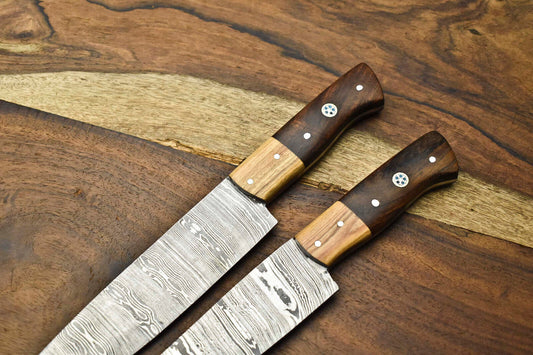 Lot Of 2 Handmade Damascus Steel Blade Chef Set Knife