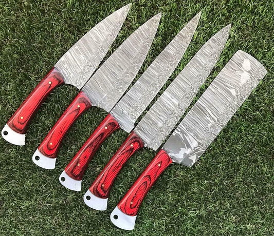 Custom Handmade Twist Damascus Steel Chef Knife Set – 9" to 13" Rosewood Handle