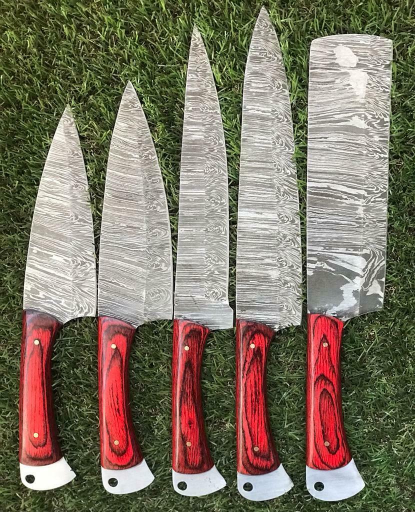 Custom Handmade Twist Damascus Steel Chef Knife Set – 9" to 13" Rosewood Handle