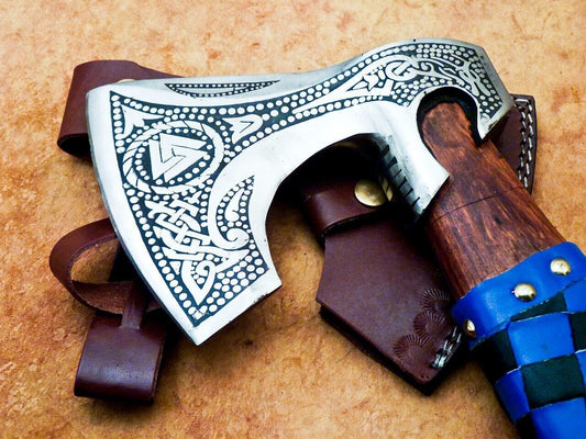 Custom Hand Forged Carbon Steel Viking Bearded Camping Axe 17" Hatchet Tomahawk with Wood Handle and Leather Sheath
