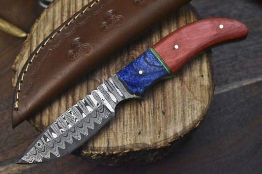 Forged Ladder Damascus Skinner Knife with Hardwood Handle and Micarta Bolster